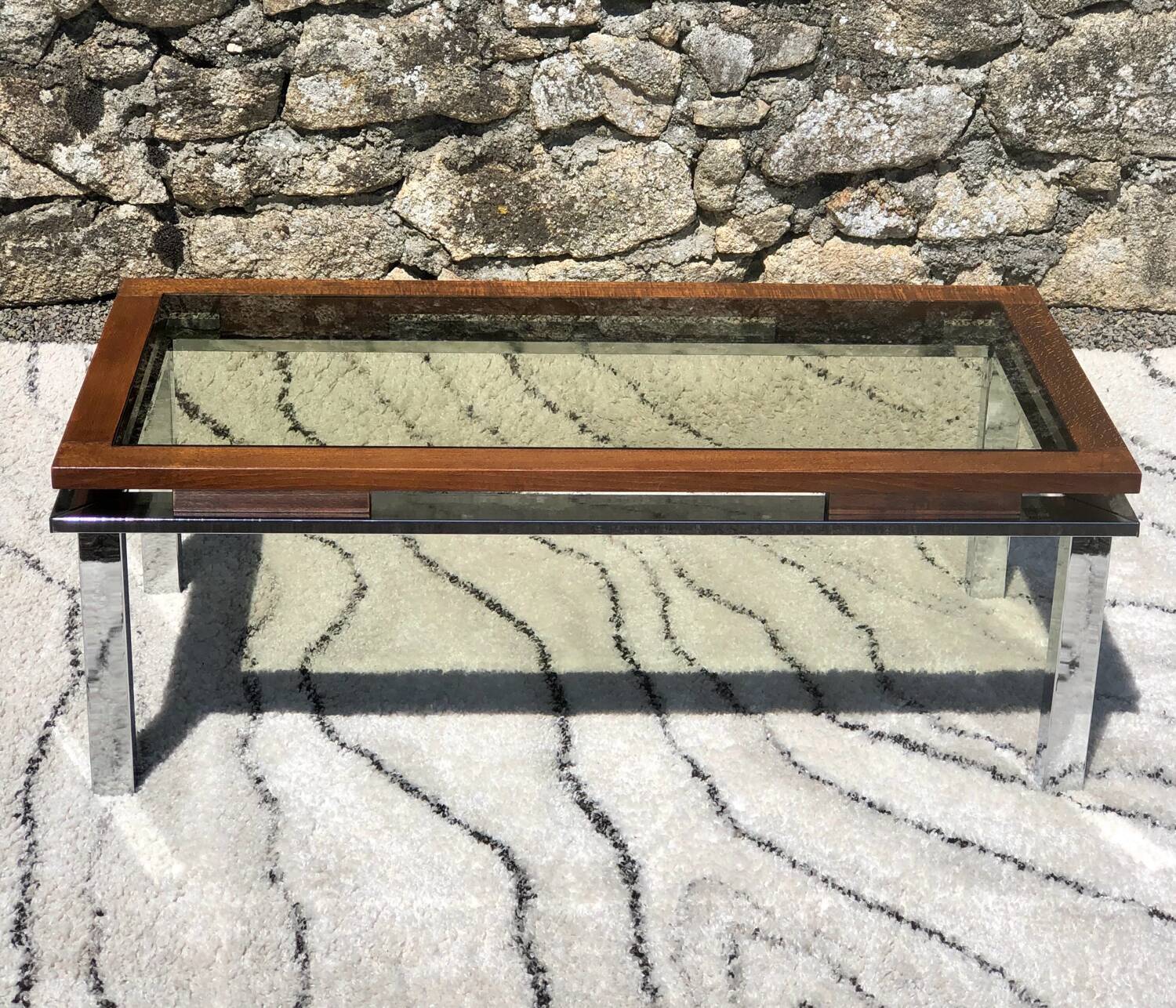 Vintage rectangular coffee table 1970 chrome, wood & smoked glass