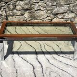 Vintage rectangular coffee table 1970 chrome, wood & smoked glass