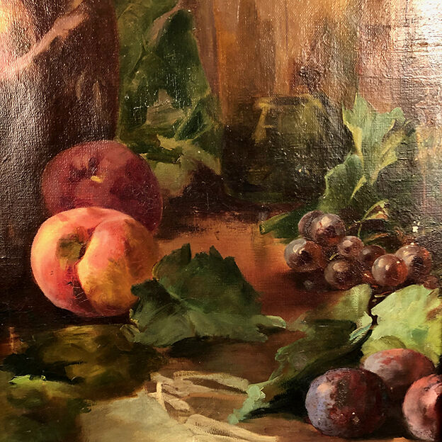 Trumeau in varnished wood, oil on canvas in the upper part, still life early twentieth century