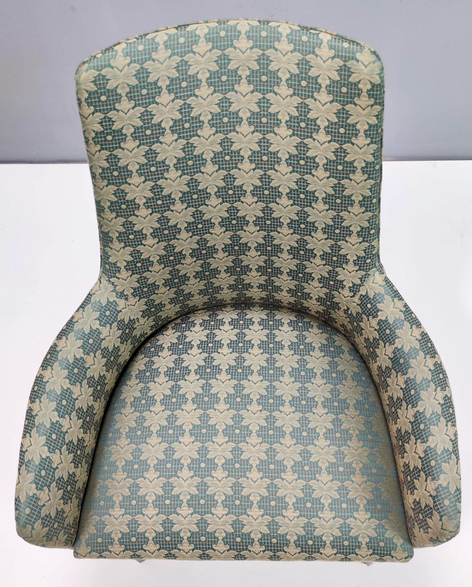 Green fabric and beech armchairs, italy