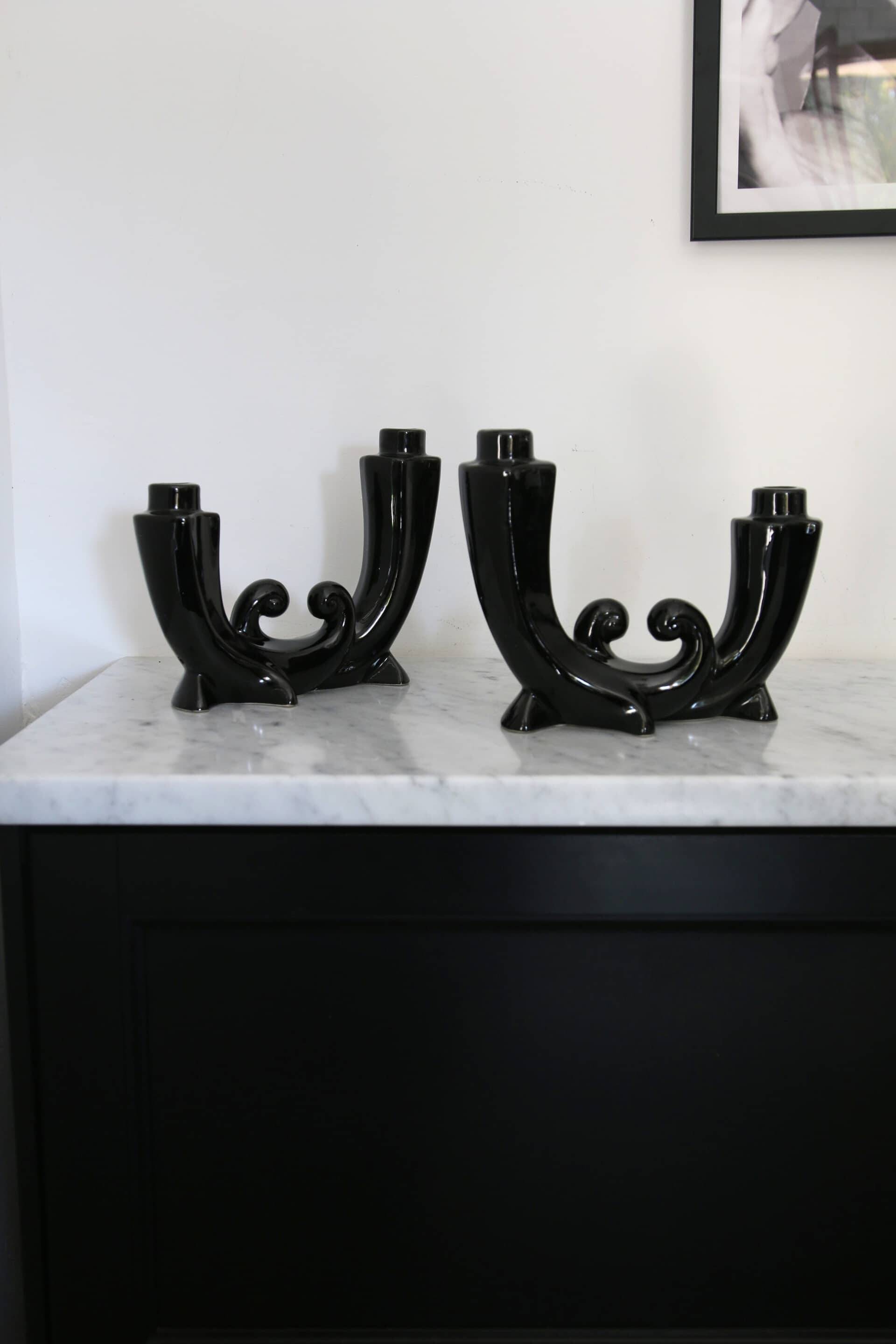 Pair of Art Deco candle holders in black ceramic
