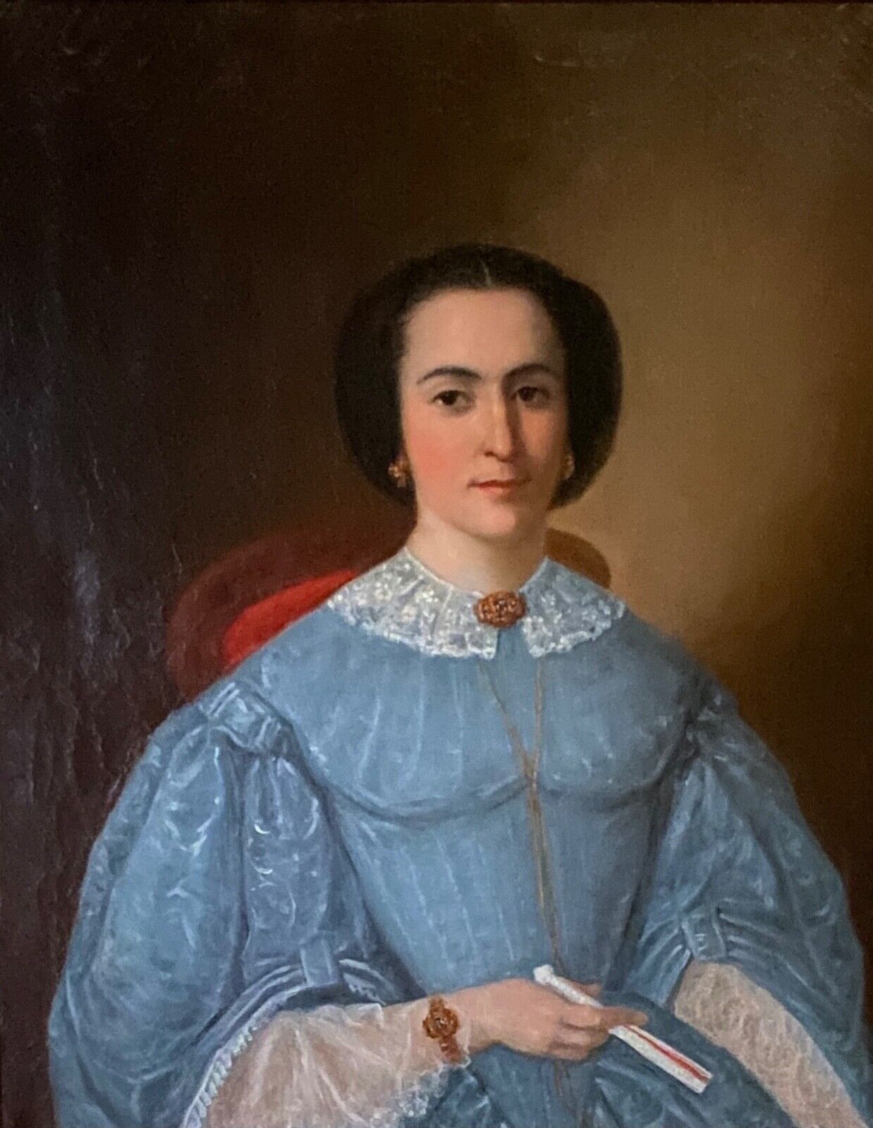 Huile sur toile Portrait de femme en robe bleue et éventail Milieu XIXe