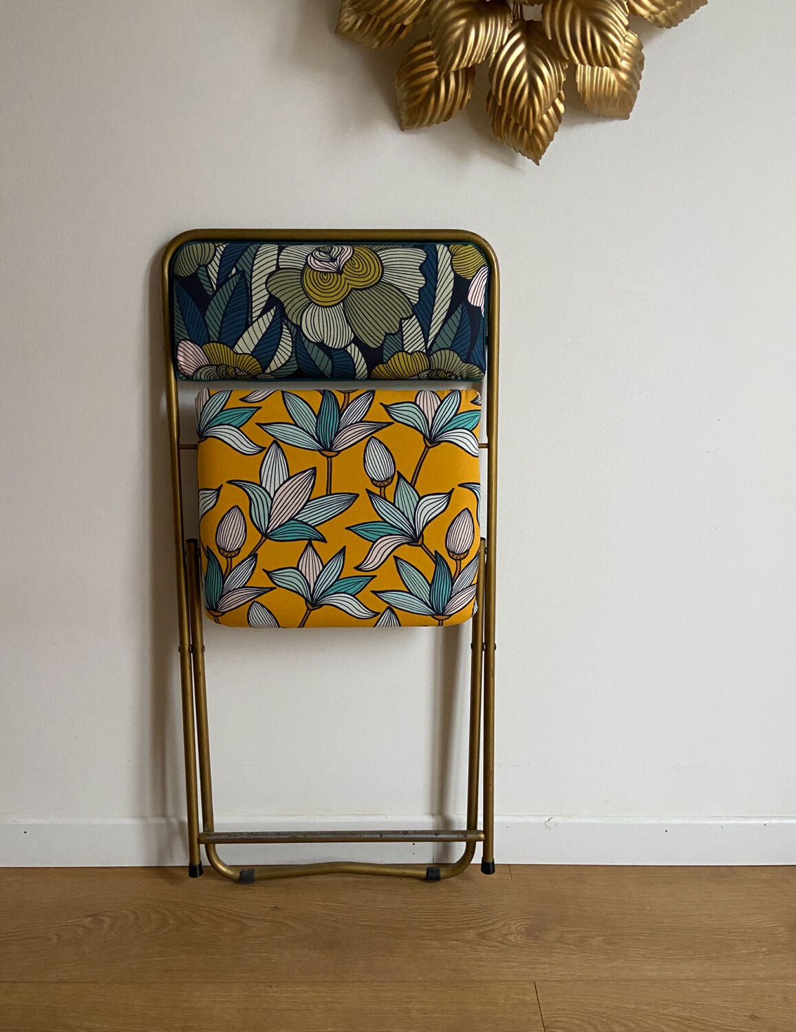Vintage folding chair lafuma revisited yellow and blue floral fabrics