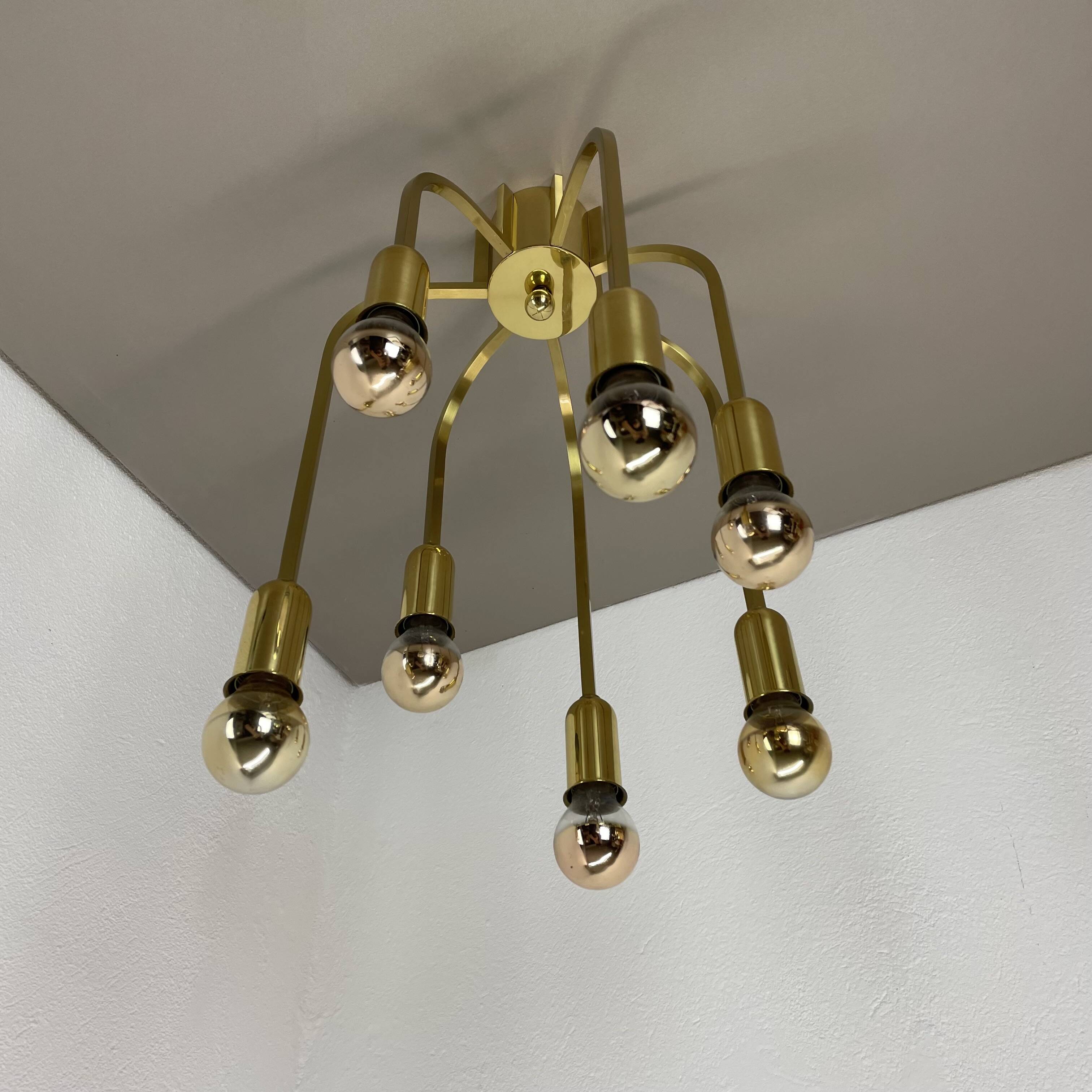 Large cubic brass 7 bulb flush mount ceiling light, italy 1970s