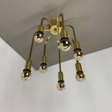 Large cubic brass 7 bulb flush mount ceiling light, italy 1970s