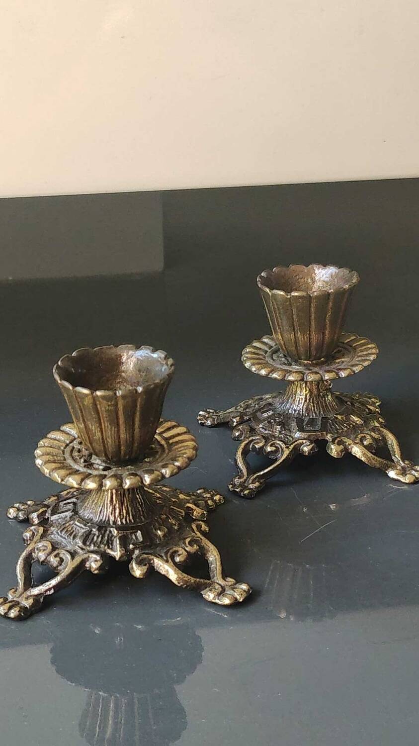 Pair of Jewish/Hebrew Flambeau Candlesticks. Signed Israel. In old gold patinated brass