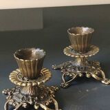 Pair of Jewish/Hebrew Flambeau Candlesticks. Signed Israel. In old gold patinated brass