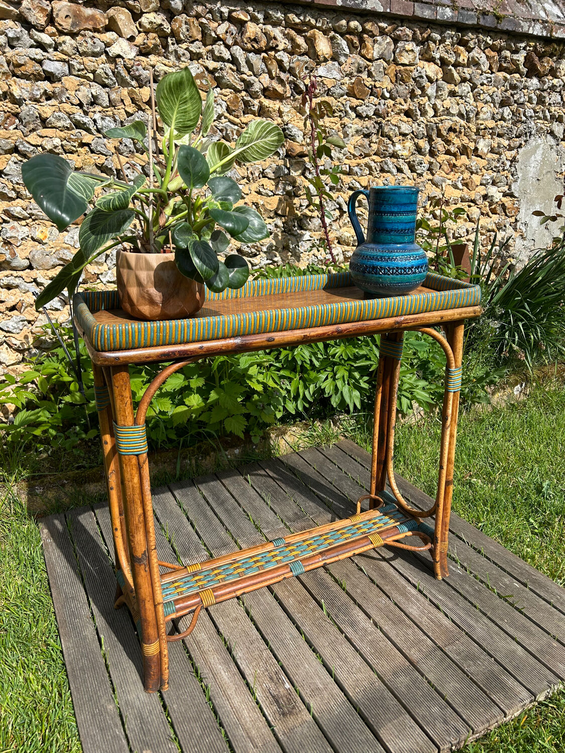 Vintage 1950s rattan console