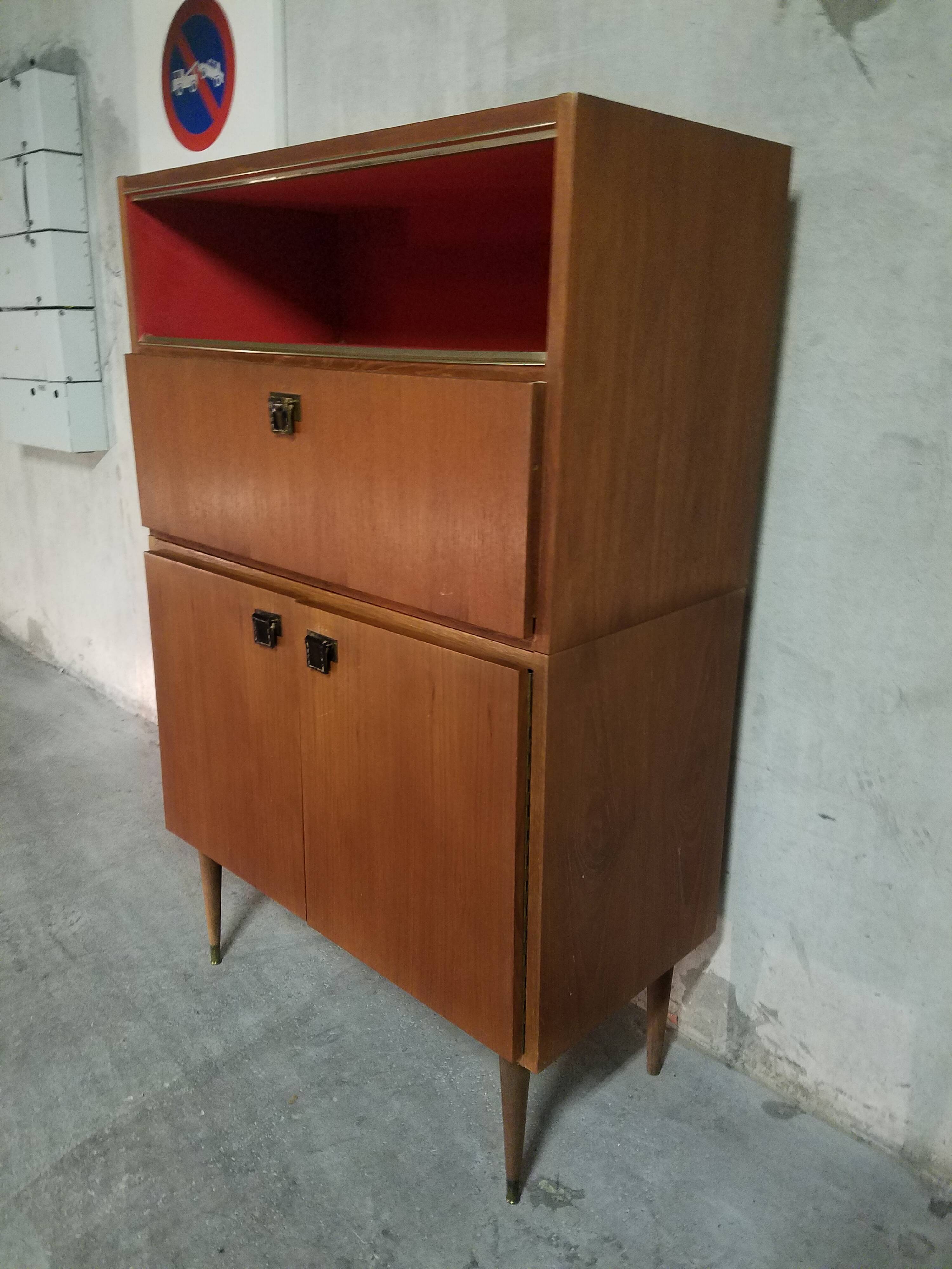 Teak bar cabinet and teak veneer, saddle leather and brass handles
