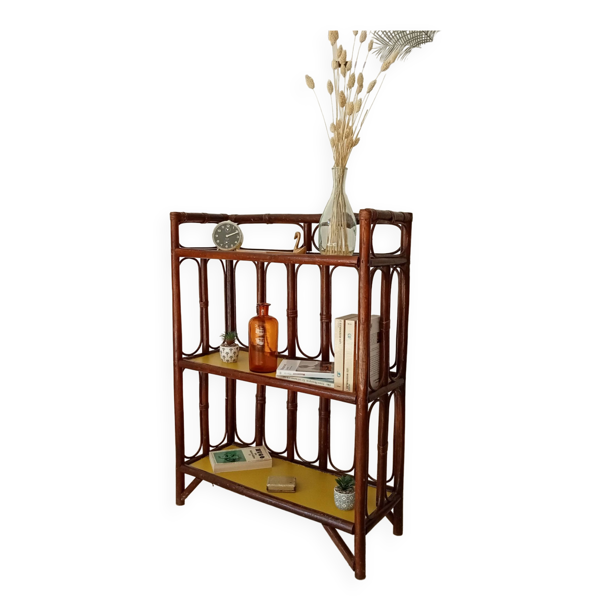 Vintage library shelf in bamboo and rattan 60s/70s