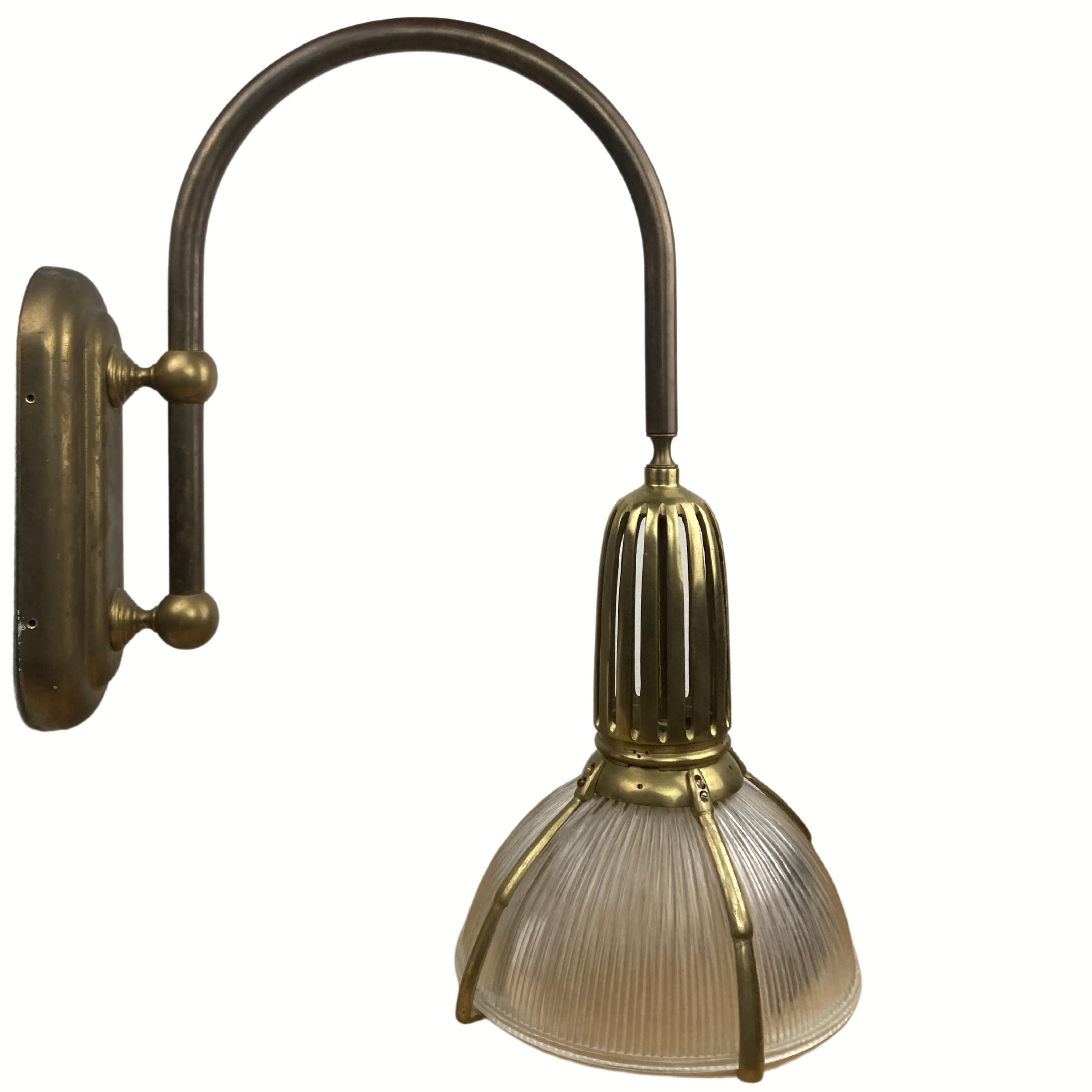 Art deco holophane cut glass and brass wall lamps, 1970