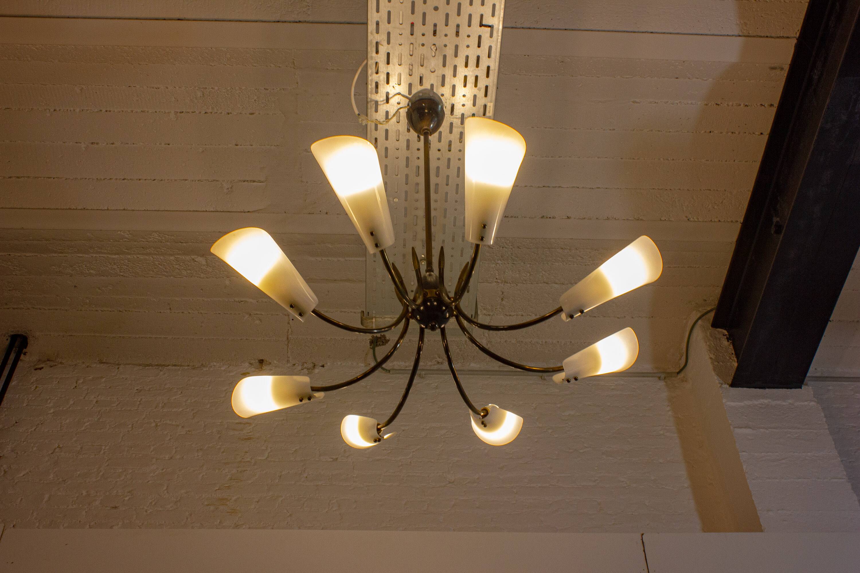 Vintage Italian radial spider chandelier with frosted shades, 1970s