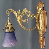 Pair of Rococo / Louis XV wall lights in gilded bronze, walnut bases and glass tulips, France, Circ