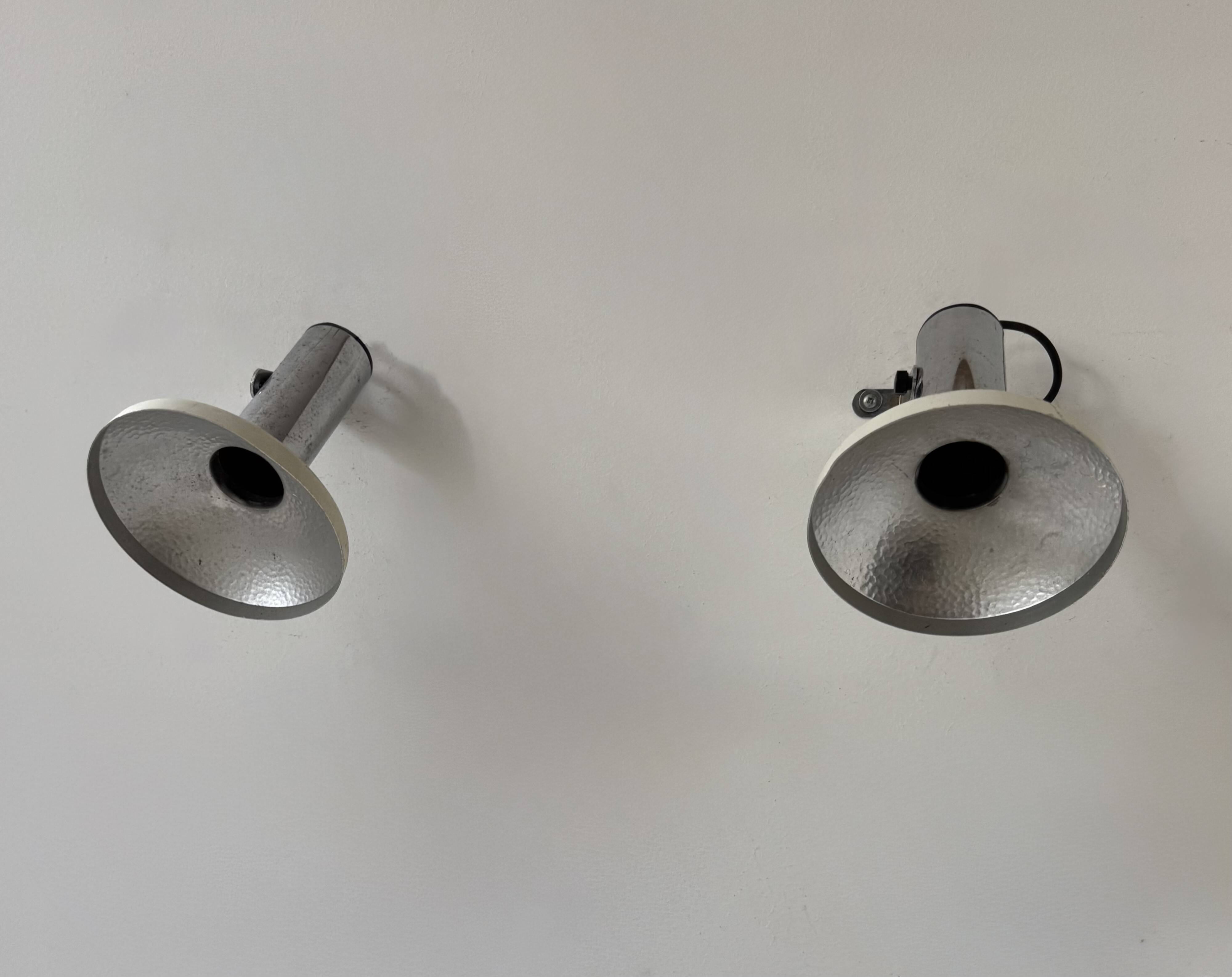 Pair of vintage adjustable wall lights, chrome and white lacquered metal, France 70