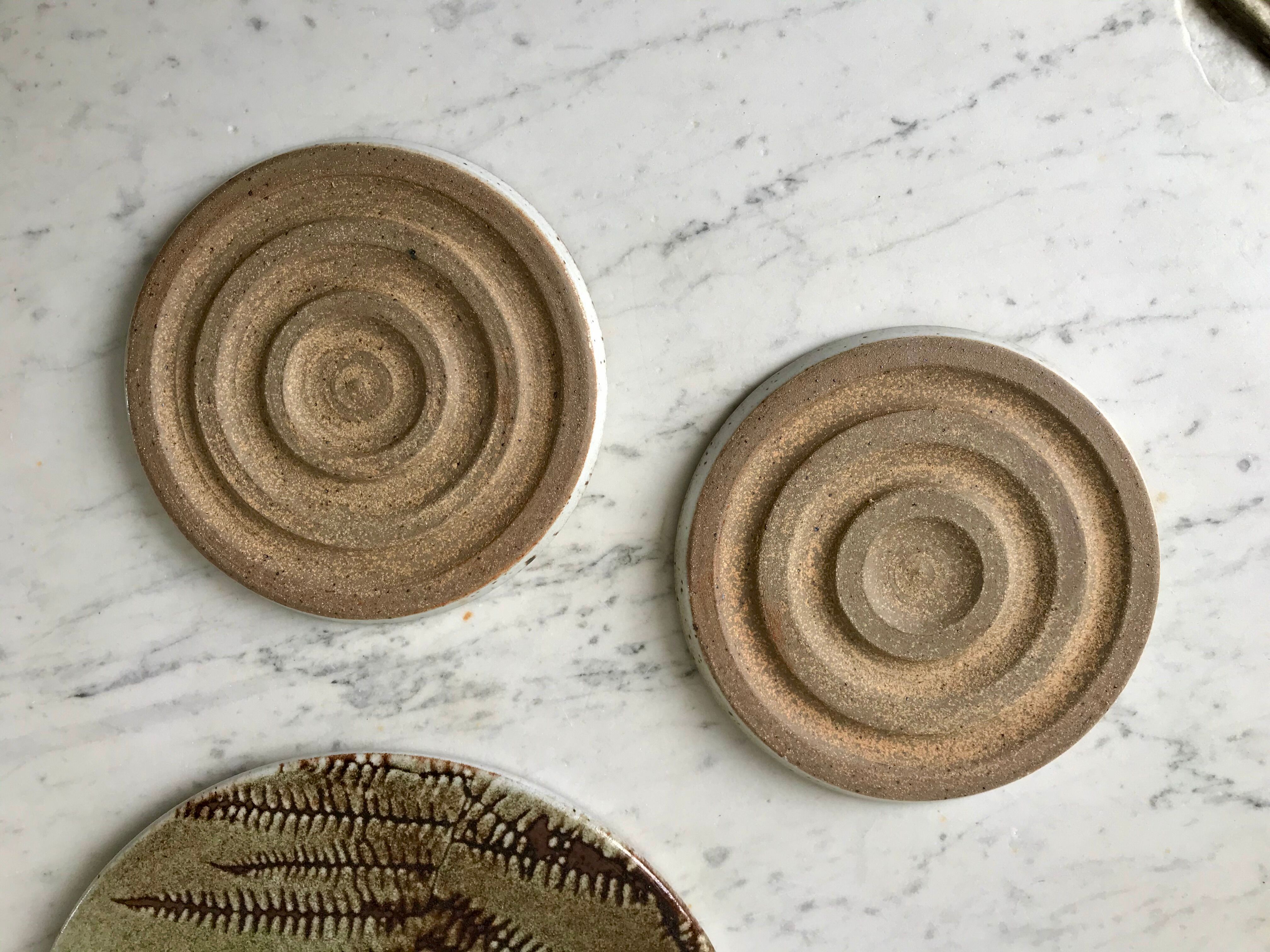 Ceramic trifle and coaster set / stoneware pottery signed 70s