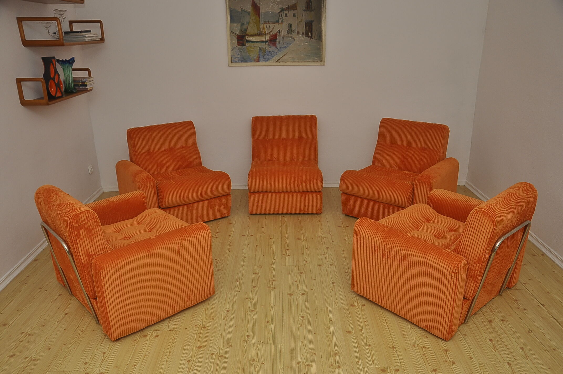 Orange corduroy modular sofa, 1970s.