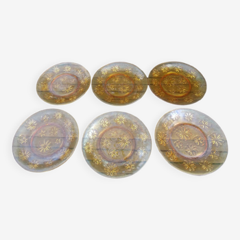 Set of six flat plates - vintage amber glass from Veréco with flower decor - 60s/70s