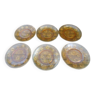 Set of six flat plates - vintage amber glass from Veréco with flower decor - 60s/70s