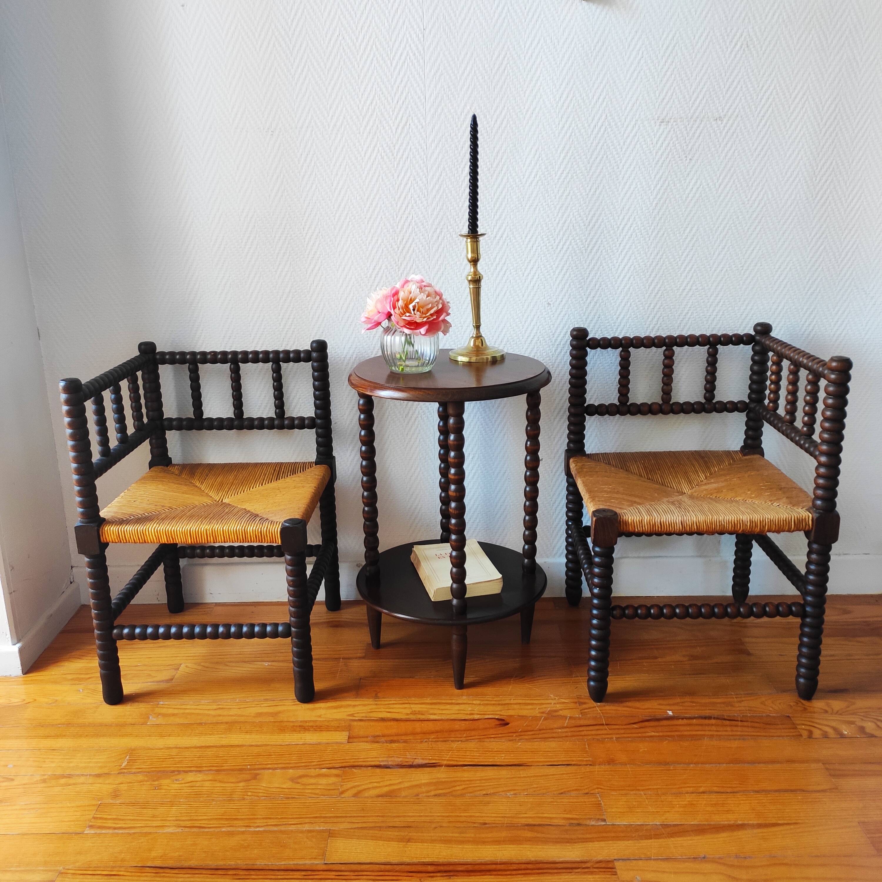 Pair of French corner chairs - turned wood, mid-20th century.