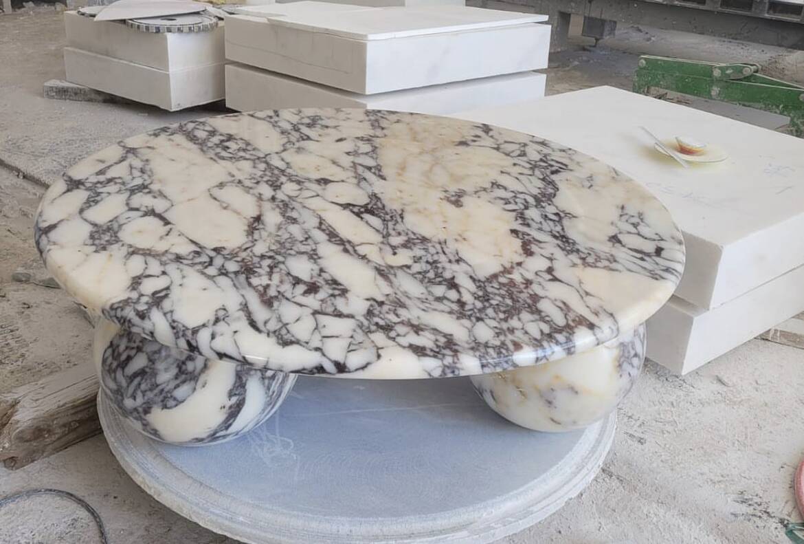 Round Coffee Table with Ball Sphere Legs Base in Violet Viola Veined Marble