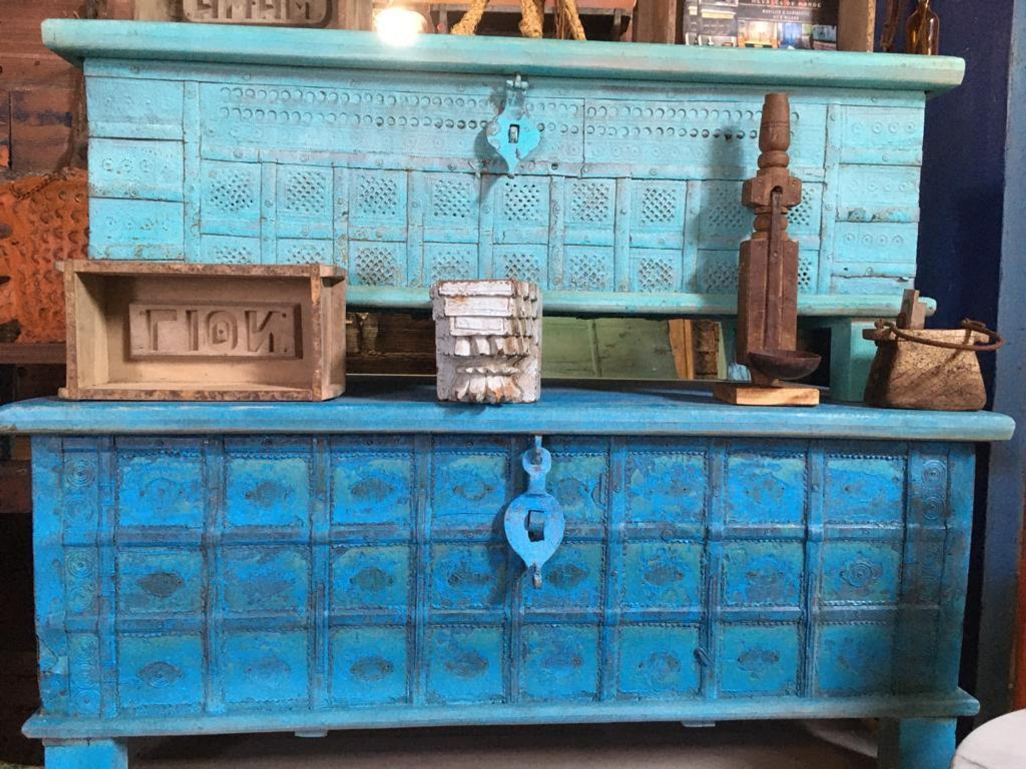 Indian wooden chest with metal decoration