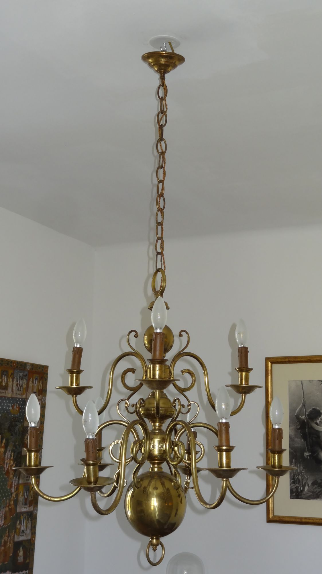 "Dutch" gold metal chandelier with 9 light arms - 1960