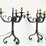 Pair of chandeliers lamps with three wrought iron lights - French work of the 30s
