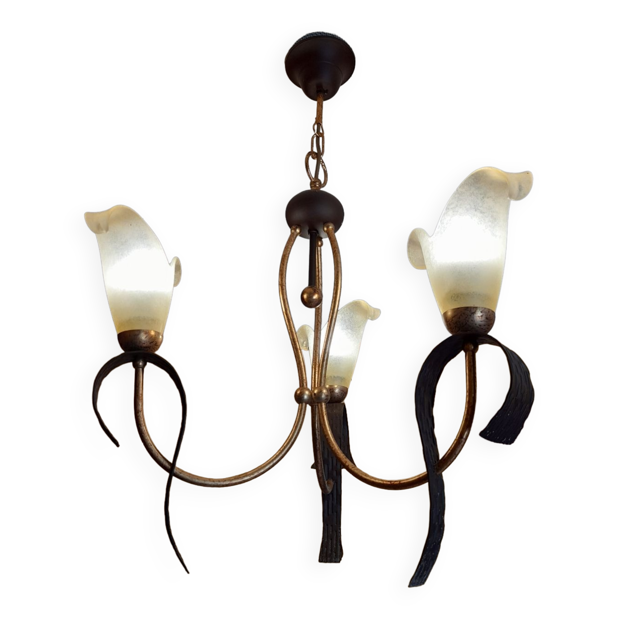 Lustre suspension 3 bras authentique année 1980 en métal et verre poli