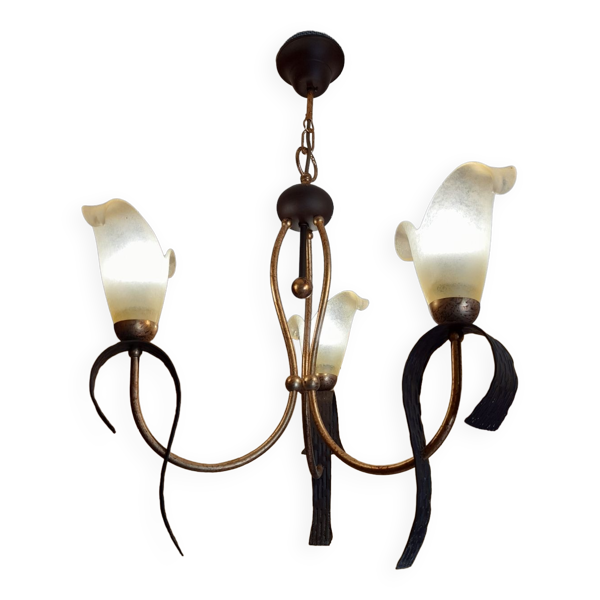 Lustre suspension 3 bras authentique année 1980 en métal et verre poli