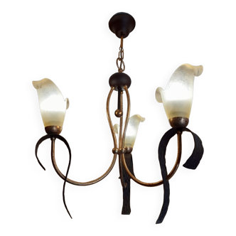 Chandelier suspension 3 arms authentic 1980 in metal and polished glass