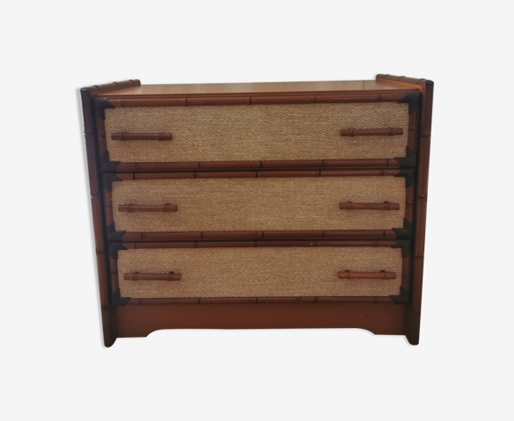 Chest of drawers rattan, bamboo and vintage wood year 70.