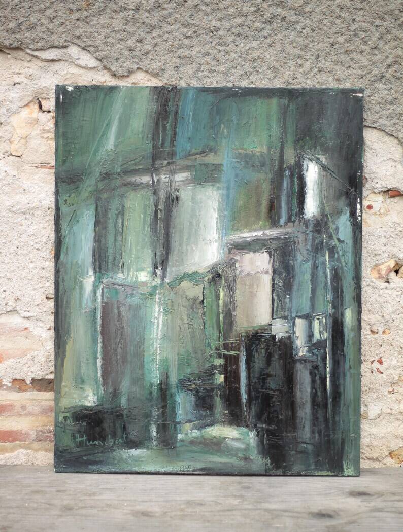 Oil on canvas signed Monique Humbert, abstract composition, wall painting, interior decoration.