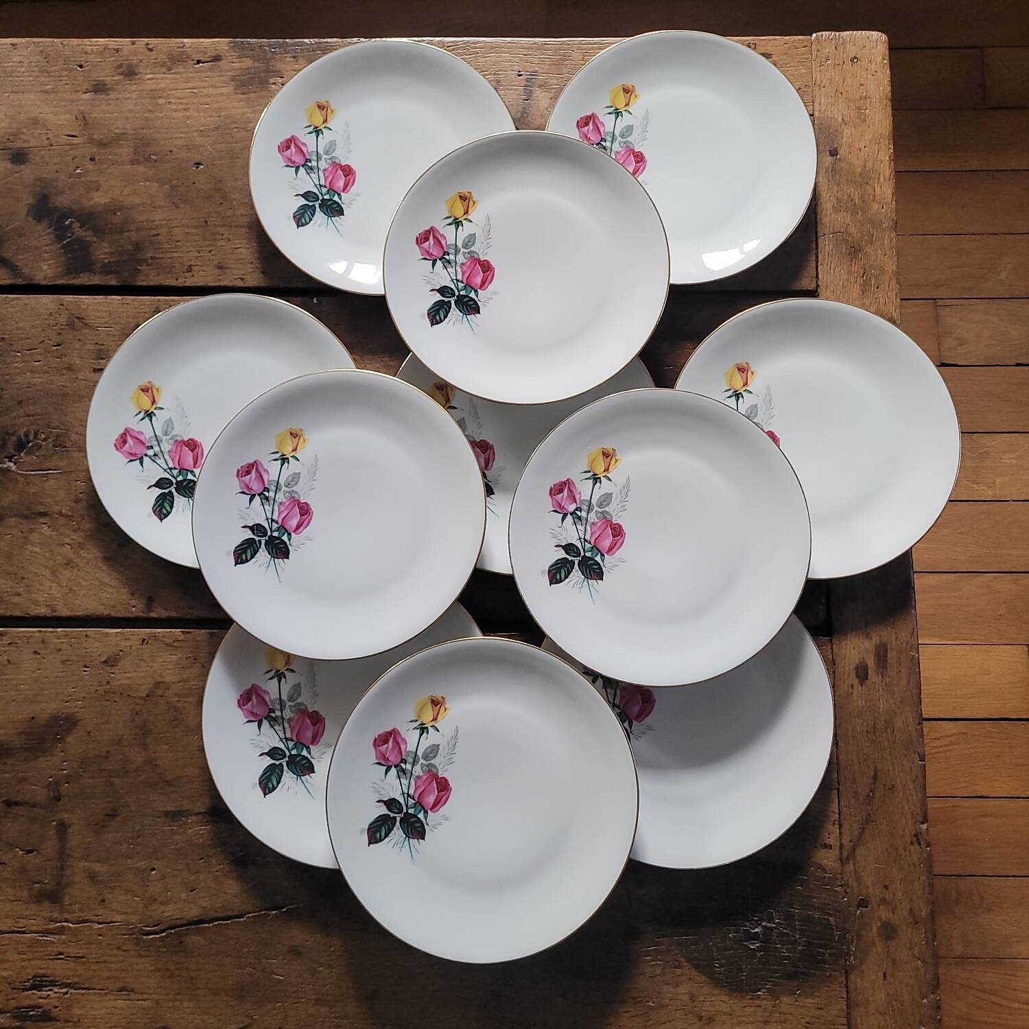 P.L. France porcelain dinner plates with roses — 1950s-60s