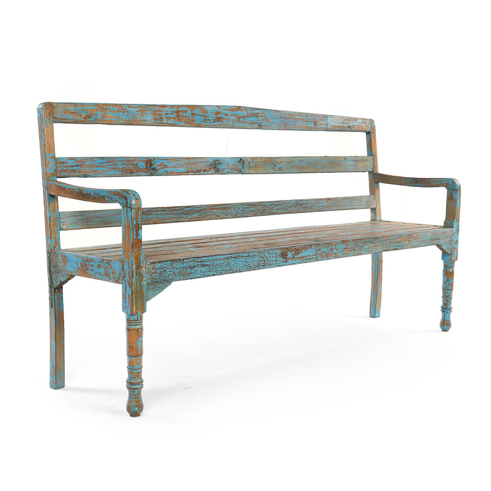 Wooden bench with blue patina