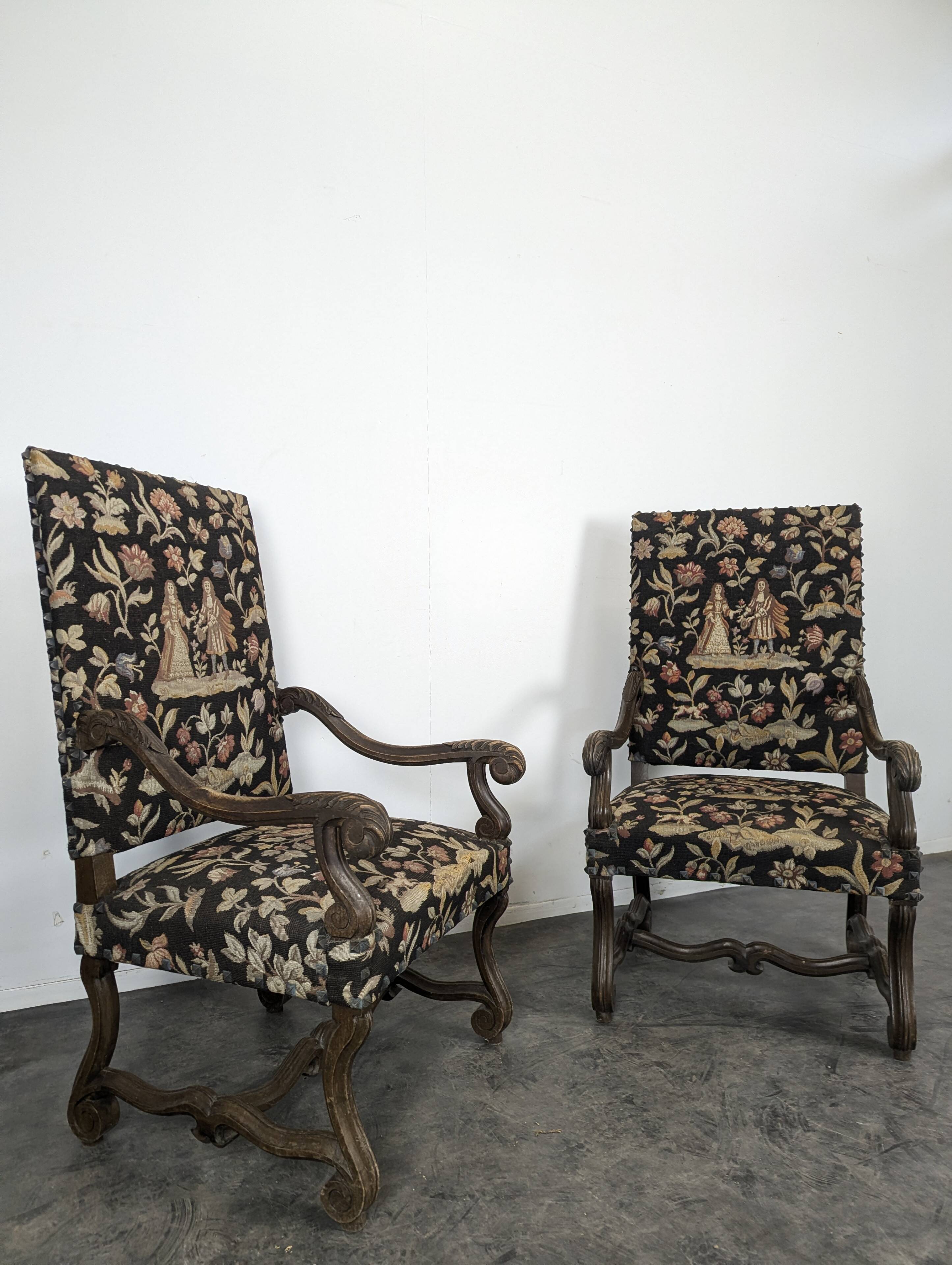 Pair of Louis XIV style armchairs in walnut.