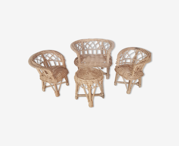 Mobilier salon de poupée osier vintage