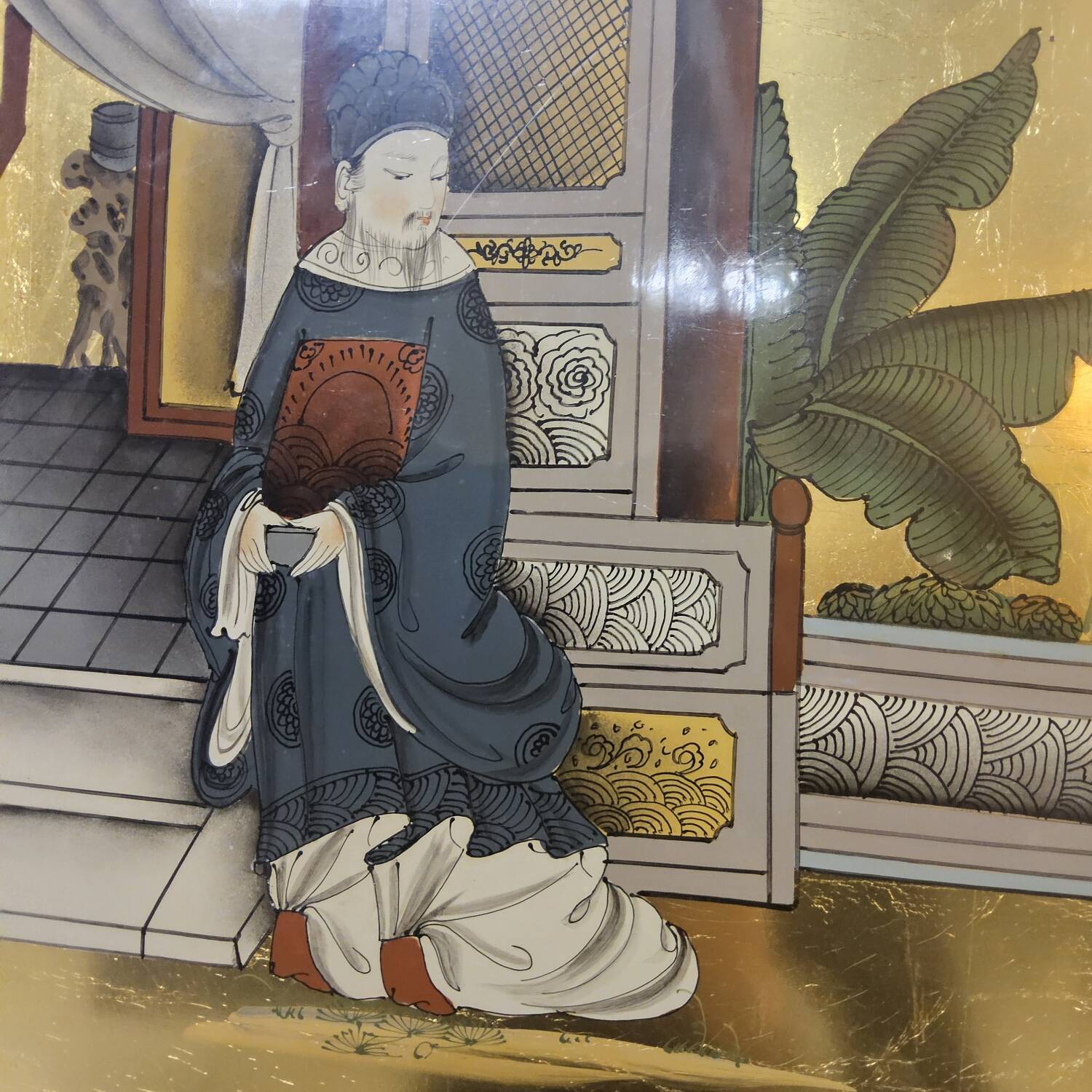 Cabinet chinois / oriental vintage avec feuille d'or / scène traditionnelle