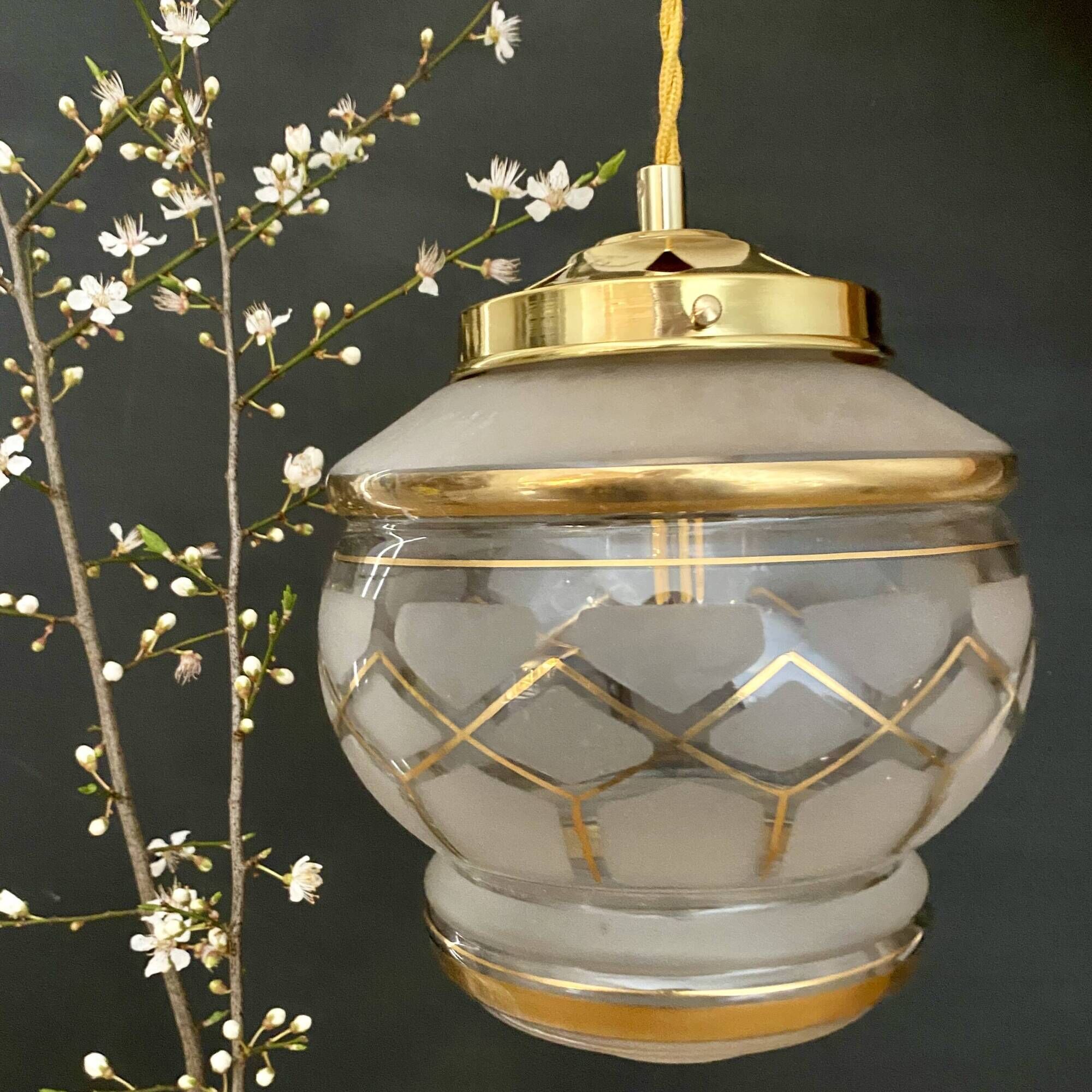 Vintage art deco globe pendant light in white and gold frosted glass