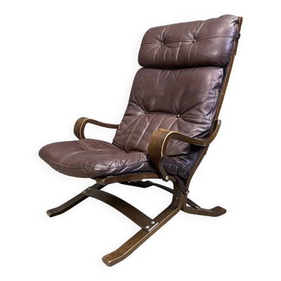 Fauteuil scandinave en cuir et en bois cintré, années 1970
