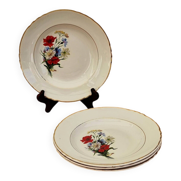 Lot de 4 assiettes creuses Moulin des Loups décor floral