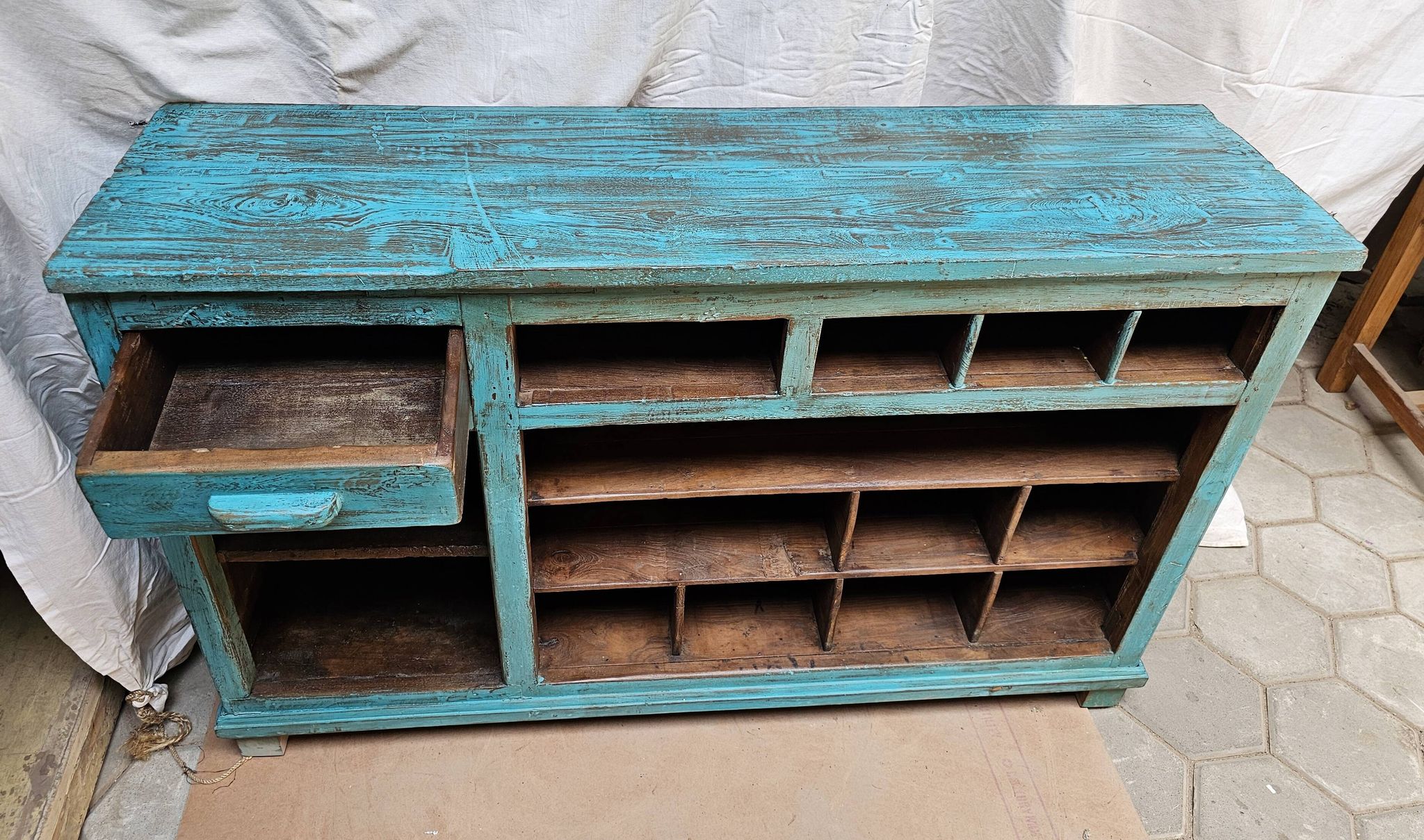 Old merchant's counter in Burmese teak.