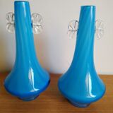 Pair of white twisted blue vases in Murano taste