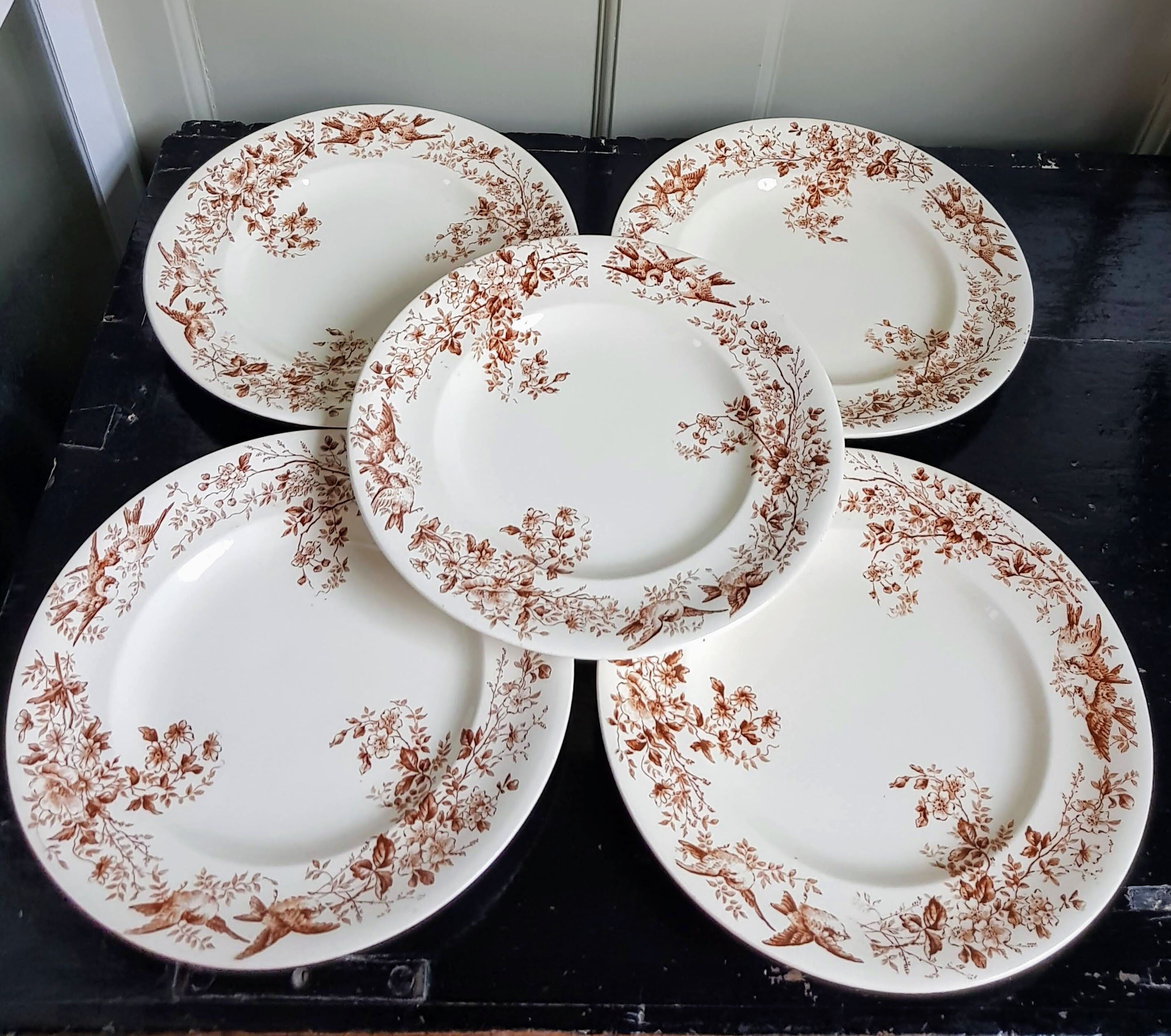 Set of Five Antique French Ceramic Plates with Birds and Flowers - Longwy - late XIX century