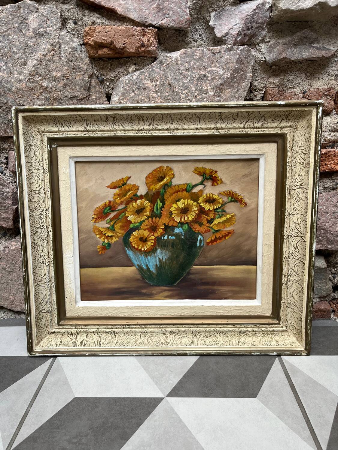 Huile « bouquet fleurs orange » encadrée