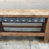 Old oak workbench console with metal drawers