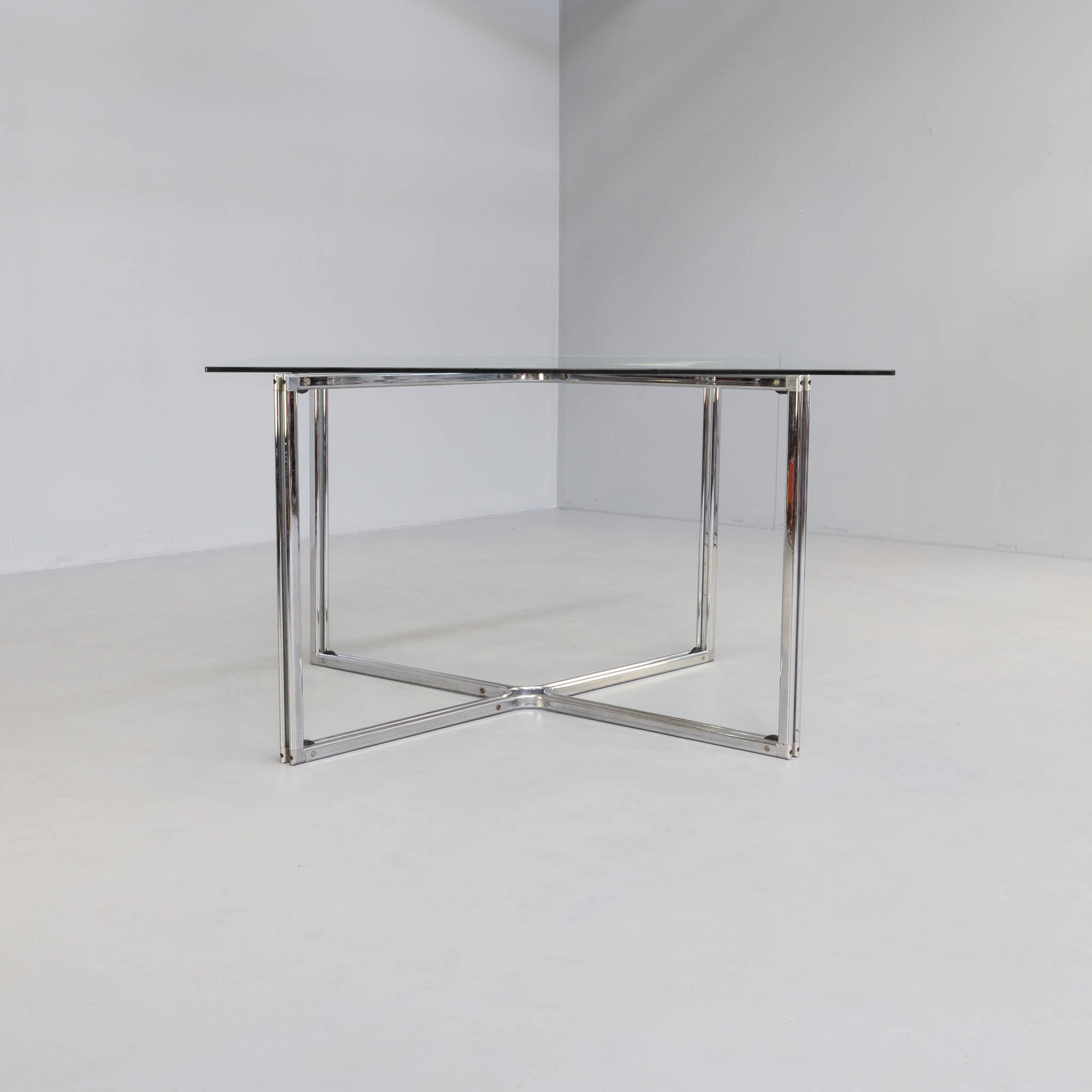 80s Chrome cross framed dining table glass table top