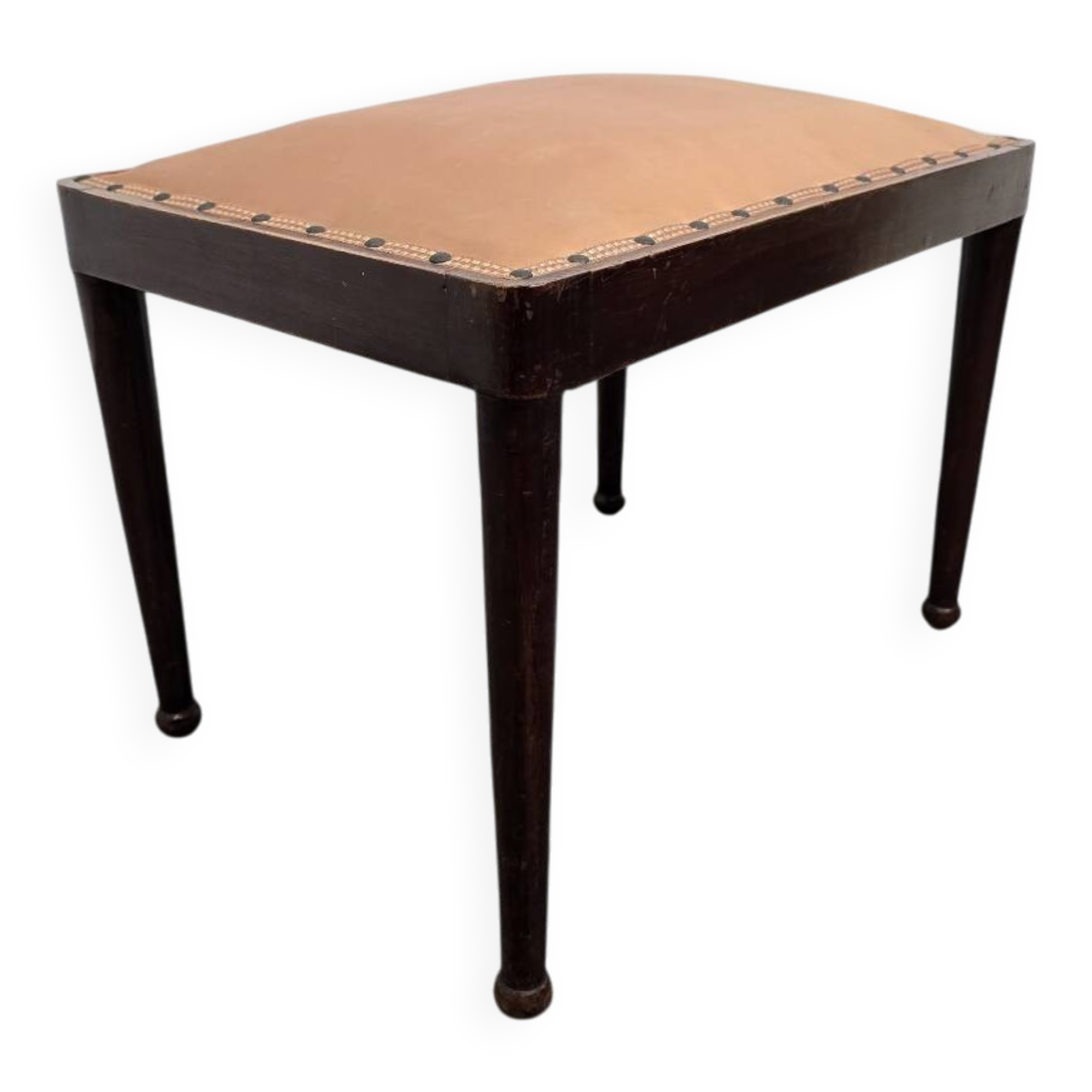 Vintage wooden ottoman from the 1940s with a silk top and studded trim.