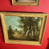 École de Barbizon signée, huile sur toile du 19e siècle représentant un paysage
