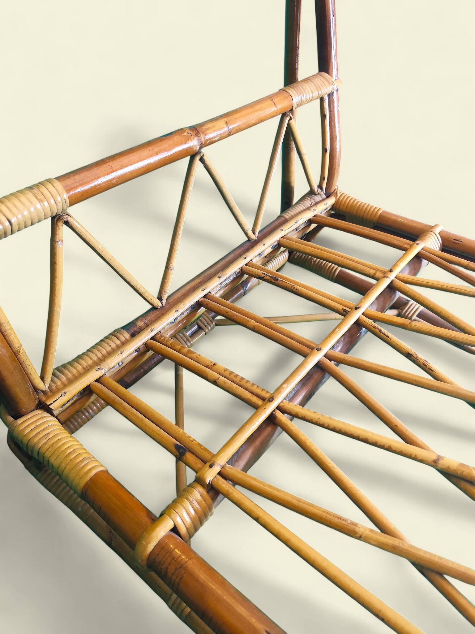 Low Varnished Rattan Armchair by Audoux-Minnet - Golfe-Juan, 1950s-1960s