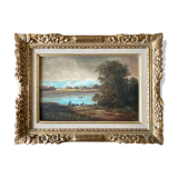 Painting - Animated riverside scene - golden frame